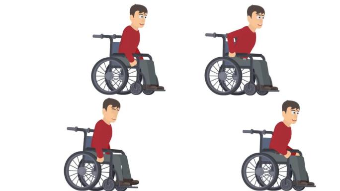 坐轮椅的人。轮椅使用者的动画。卡通