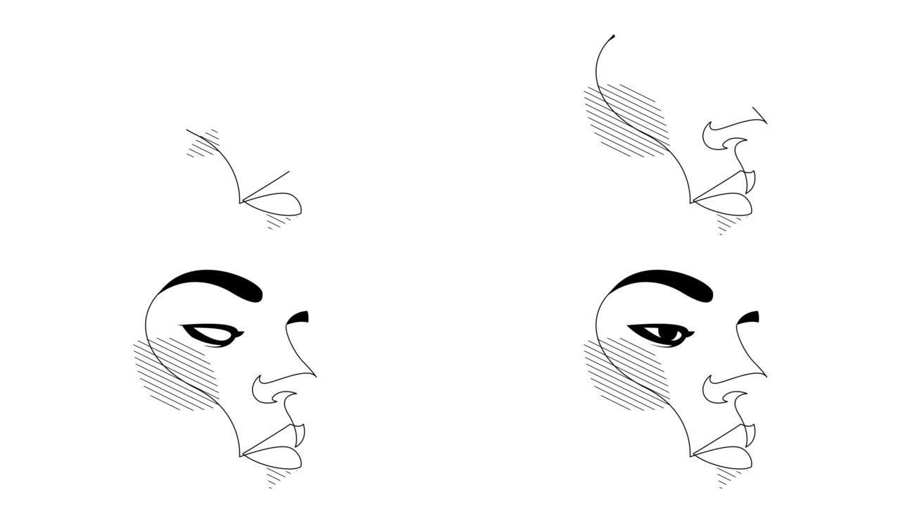 女性脸部单连续单线绘制的自画简单动画。美女或女人肖像。手工绘制，白底黑线