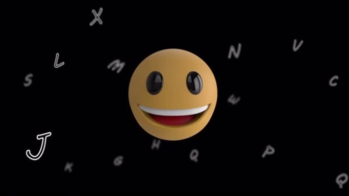 黑色背景上漂浮在字母上的笑脸表情图标动画