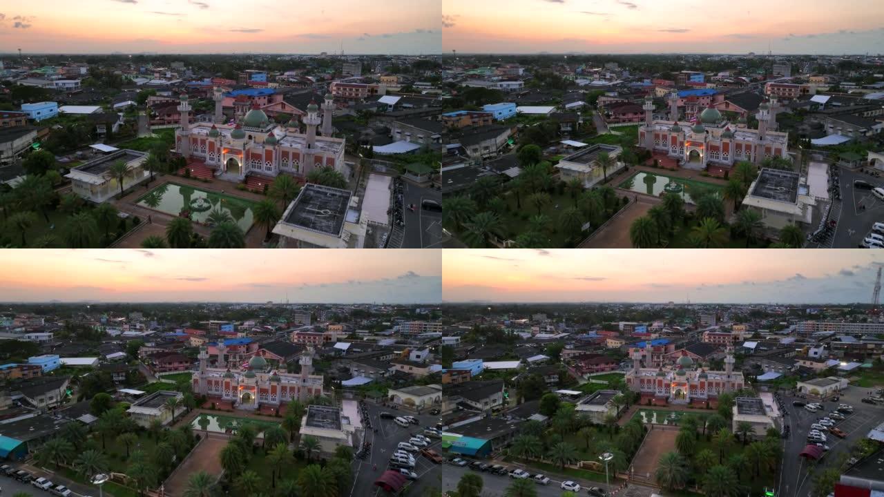 泰国南部北大年府北大年中央清真寺的空中无人机日落场景