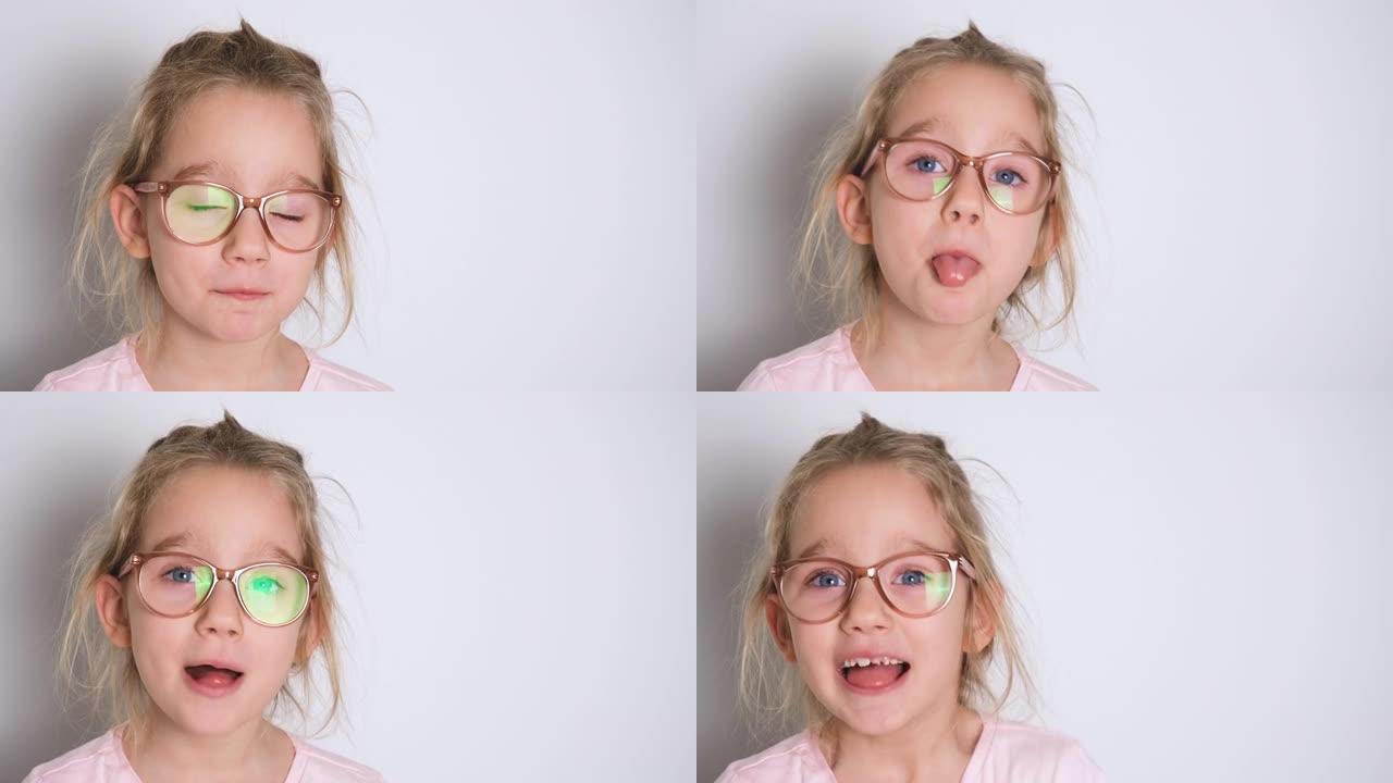 戴着眼镜和粉红色t恤的小女孩沉迷，玩得开心，露出舌头，对着镜头做鬼脸。4k分辨率视频横幅，带复制空间