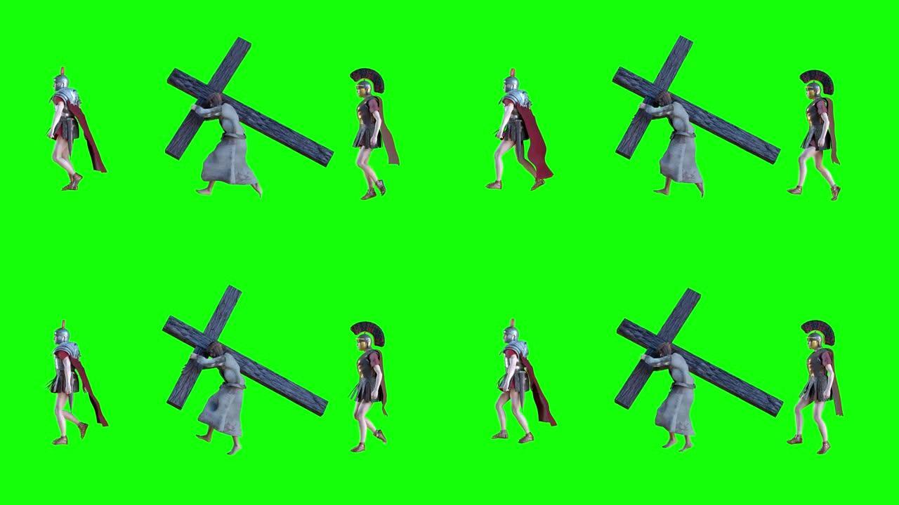 耶稣基督背着十字架，复活节符号，在绿色上渲染3d

背景