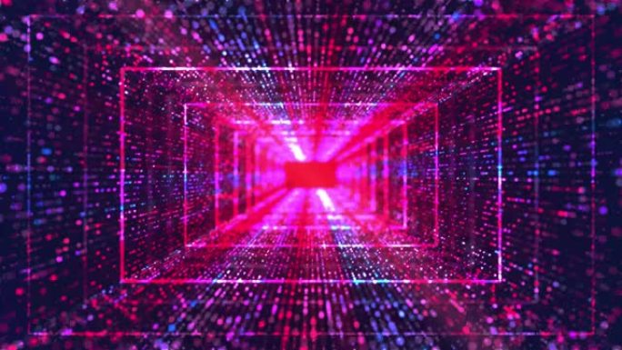 飞过未来主义的隧道。抽象3D动画。数据网络、虚拟现实、量子。照明走廊的概念，室内设计，宇宙飞船，银河