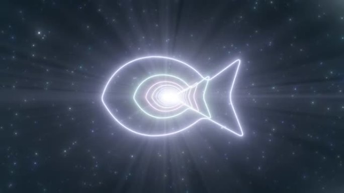 简单的鱼轮廓形状蓝色发光霓虹灯隧道虫洞-4k无缝VJ循环运动背景动画