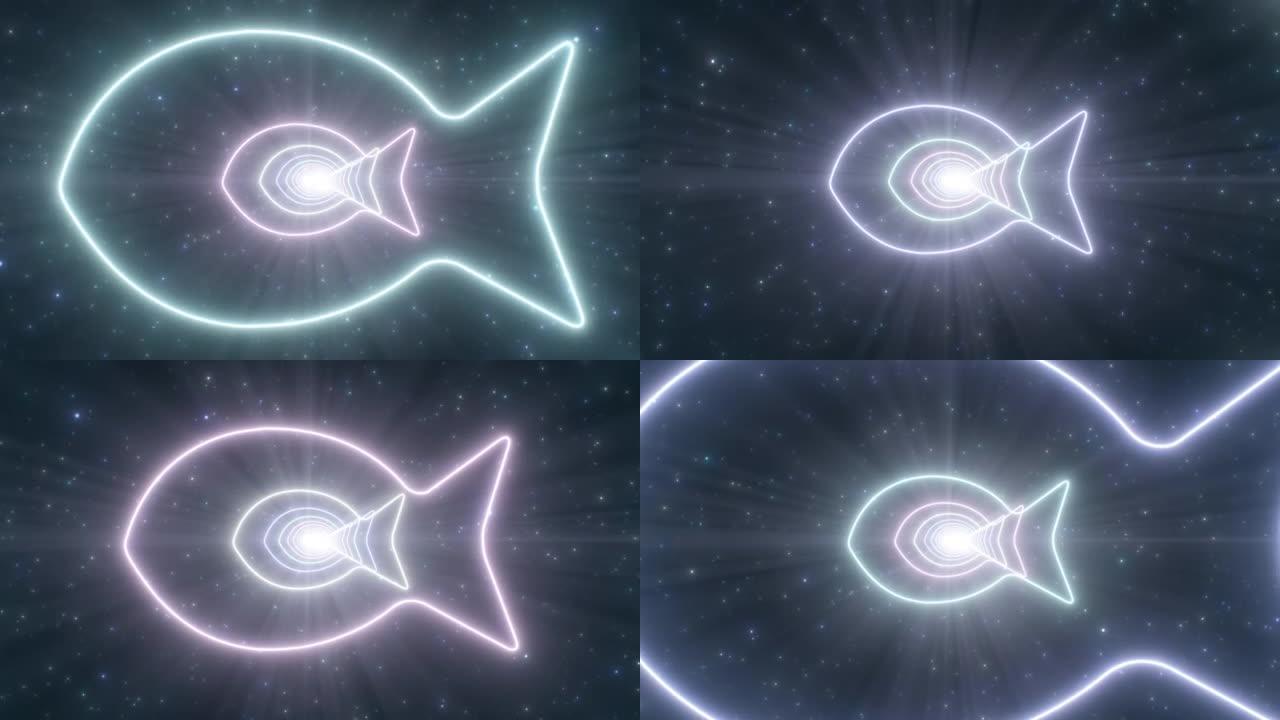 简单的鱼轮廓形状蓝色发光霓虹灯隧道虫洞-4k无缝VJ循环运动背景动画