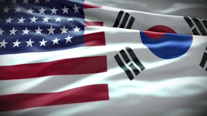 美国和韩国国旗，美国和韩国，美国，美国，背景，全帧，特写，慢动作，平滑挥动，无缝循环