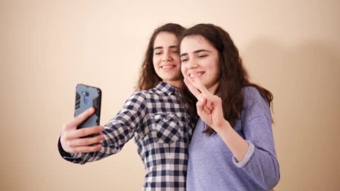 自拍照片两个十几岁的女孩双胞胎姐妹在社交媒体页面上合影