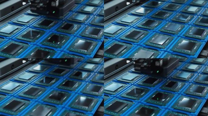 电子工厂生产线上的一排排计算机处理器的照片。微芯片生产工艺。