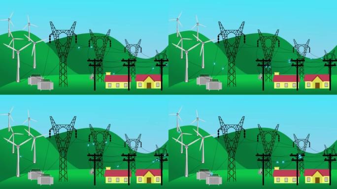 风电场的动画。风力涡轮机风力发电的模拟。可再生风能和零温室气体排放视频。电气公司视频