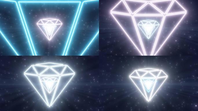 闪亮水晶宝石钻石宝石形状轮廓霓虹灯隧道-4k无缝VJ循环运动背景动画