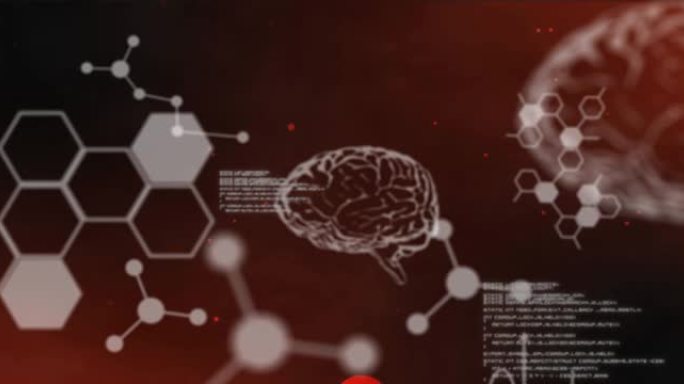 红色背景上数字大脑上的数据处理动画