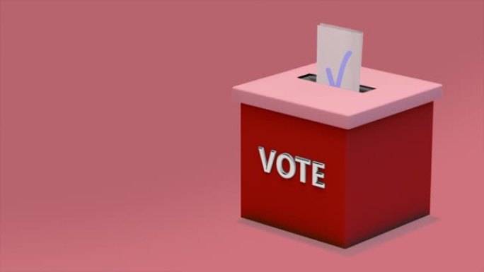 循环录像。带蓝色勾号的选票在红色背景的红色投票箱里飞舞。盒子里的选票。3 d渲染。理念:政治、选择、
