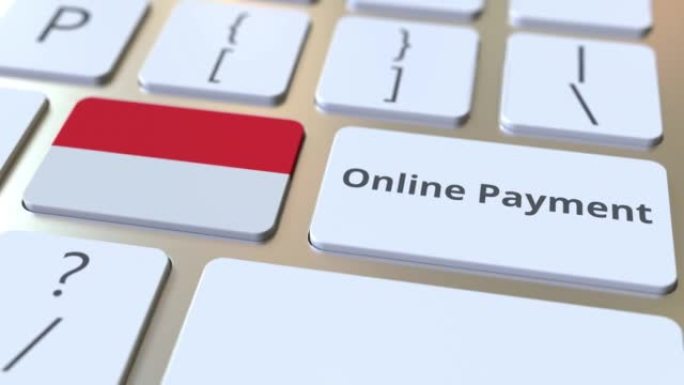 在线支付文本和印度尼西亚的旗帜在键盘上。现代金融相关概念3D动画