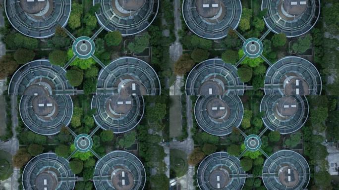 水厂水池和水箱的无人机鸟瞰图，顶视图
