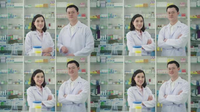 两位亚洲女人和男药剂师带着可爱的友好微笑站在药房药店双臂交叉。医学、药剂学、保健和人的概念。