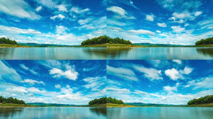 蓝天、移动云和反射的湖的低角度视图，Timelaspe视频