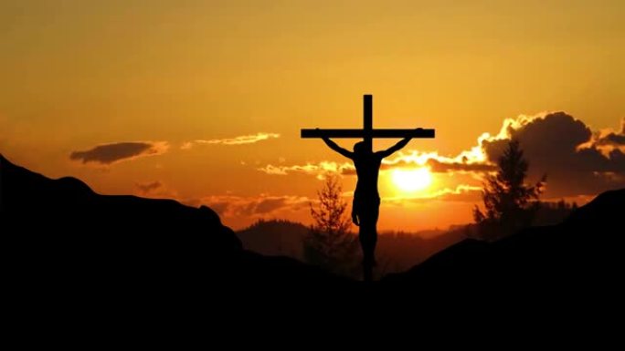 耶稣在日落时死在十字架上。耶稣的十字架从加略山带着日落。基督被钉十字架的概念。