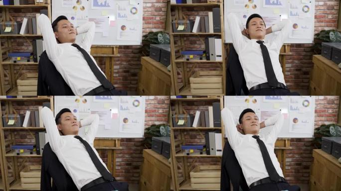 在一间现代化的阁楼办公室里，一位放松的亚洲商人微笑着坐在转椅上，双手放在脑后，做着白日梦。