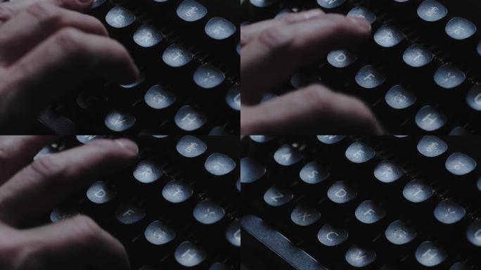 男人的手使用老式打字机，浅景深和背光。写一本书或一部电影剧本。画廊上的大量打字机镜头