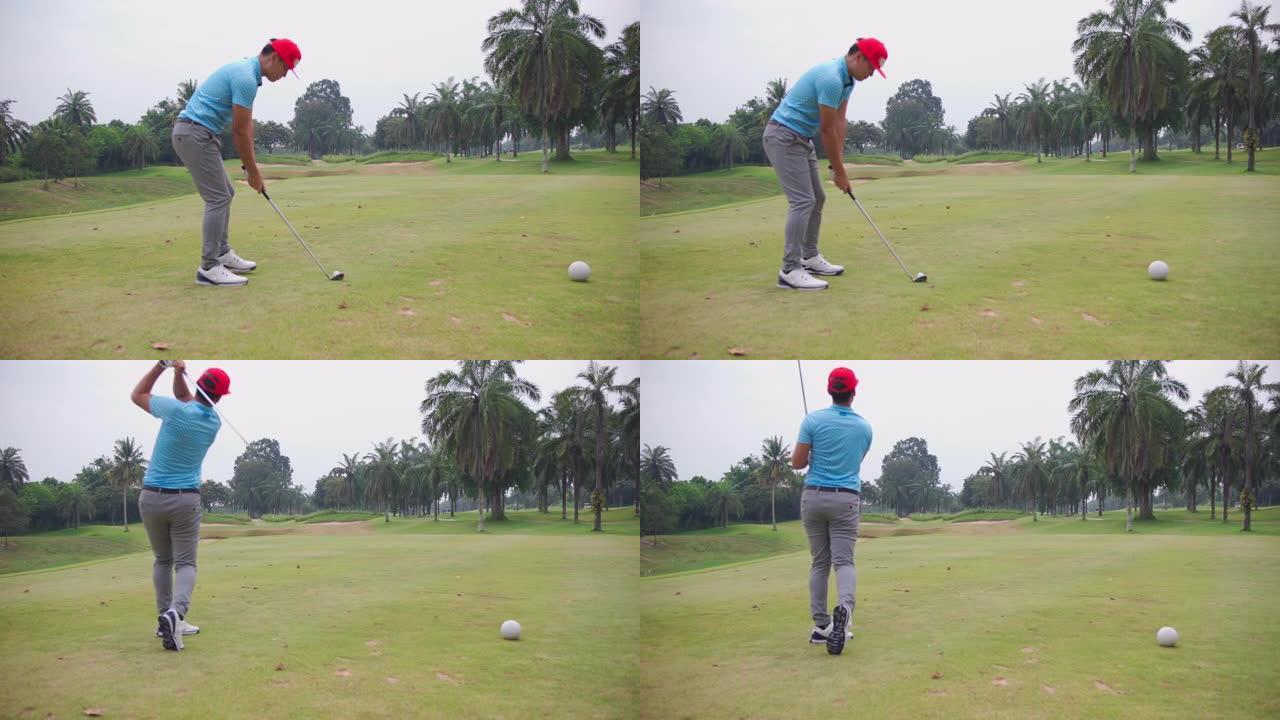职业高尔夫球场男子高尔夫球手的镜头。