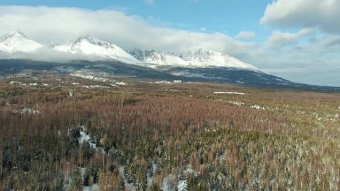 斯洛伐克塔特拉山脉全景的空中无人机视图。冬天被雪覆盖的山峰。森林和野生自然，蓝天有云。Vysoke 