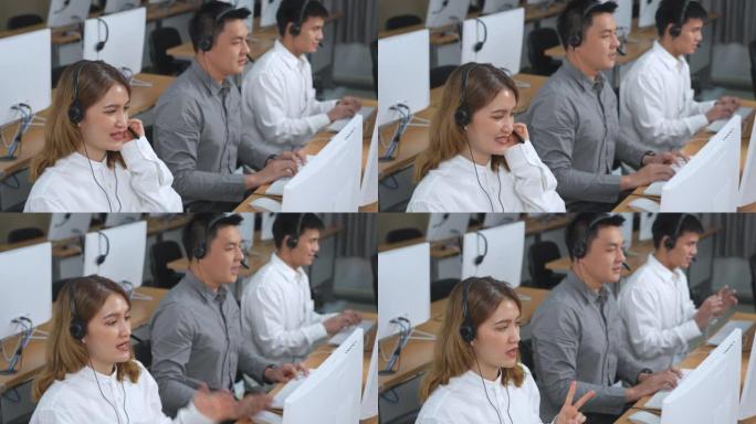 亚洲呼叫中心团队，客户服务，带耳机或耳机的电话销售在现代办公室与客户交谈
