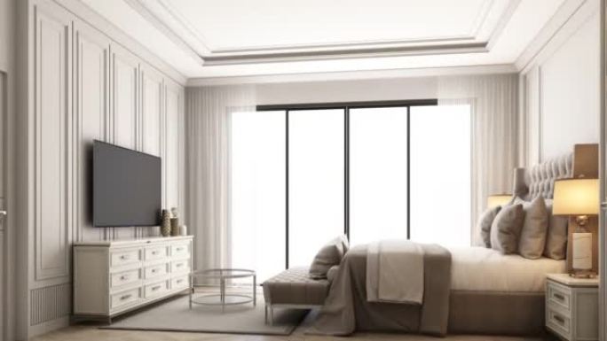 室内设计现代经典风格的卧室，白色木材和金色钢纹理和灰色家具床套3d渲染室内，动画