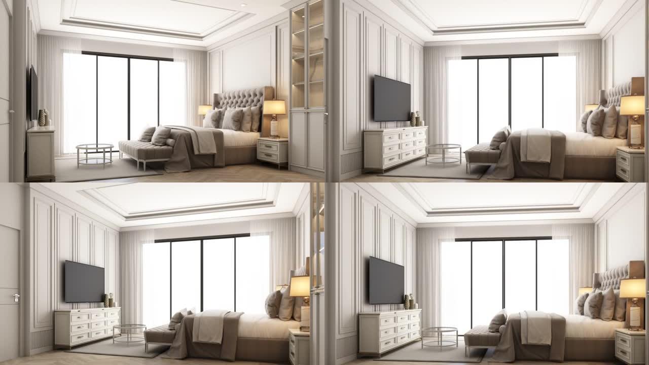 室内设计现代经典风格的卧室，白色木材和金色钢纹理和灰色家具床套3d渲染室内，动画