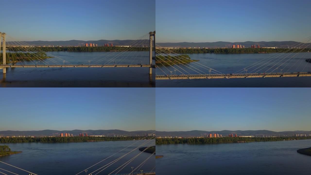 叶尼塞河克拉斯诺亚尔斯克无人机画面上人行桥的鸟瞰图