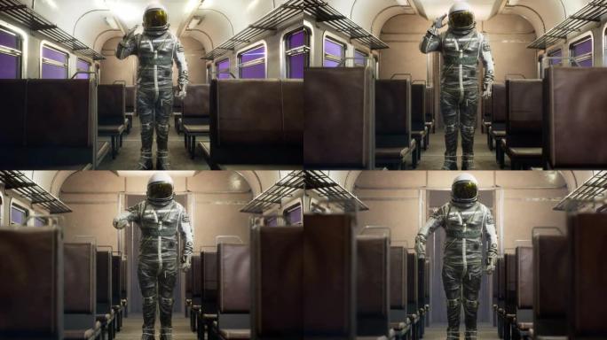宇航员在星际列车中以超光速行驶时致敬。幻想太空旅行的概念。该动画非常适合太空，幻想和科幻背景。