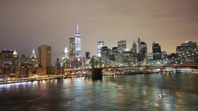 曼哈顿大桥夜灯全景4k延时纽约