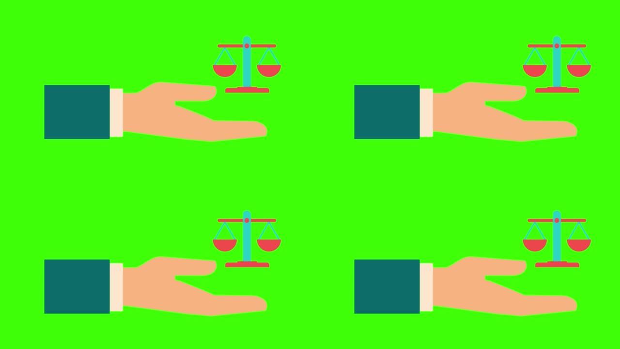 丰富多彩的简单动画，人类手握着在4K绿色屏幕上隔离的刻度