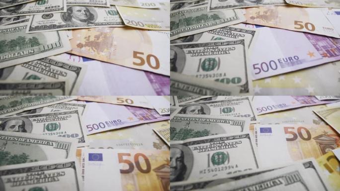 来自欧盟和美国不同国家不同现金钞票的镜头。