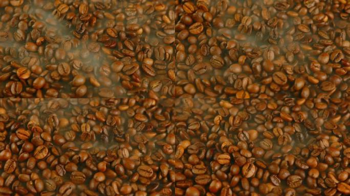 新鲜咖啡豆的质地，蒸汽消散。许多烤豆用于准备芳香饮料。特写