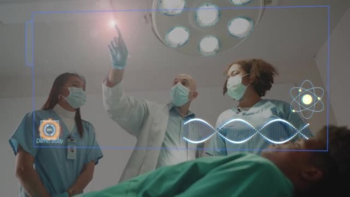 手术室的团队外科医生。模拟患者的手术并使用增强现实全息分析健康指标。可视化DNA，遗传染色体。人工智
