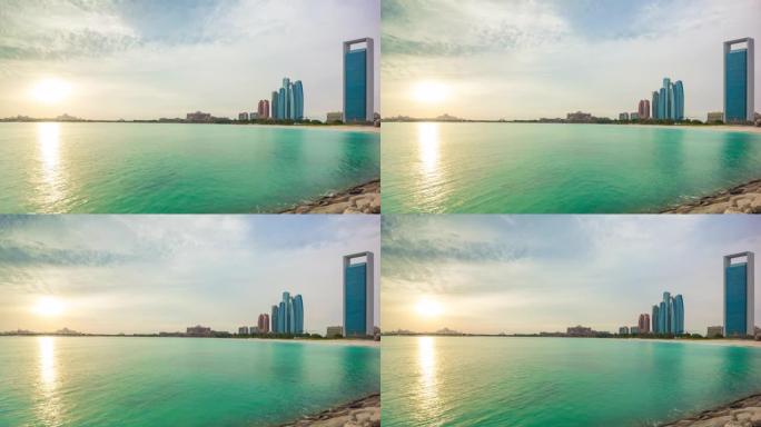日落太阳灯阿布扎比湾城市景观全景4k延时阿联酋