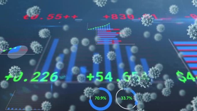 新型冠状病毒肺炎细胞的数字动画浮动和蓝色背景上的统计数据处理