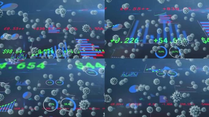 新型冠状病毒肺炎细胞的数字动画浮动和蓝色背景上的统计数据处理