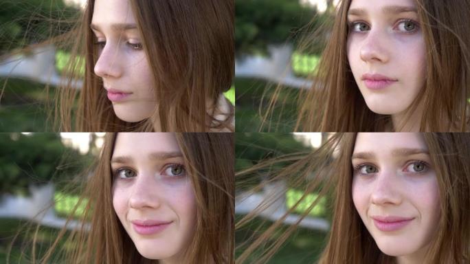 迷失在思绪中: 美丽的年轻悲伤孤独的女人。忧郁的微笑