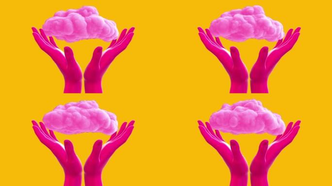两只红色的人类手握着粉红色的云，孤立在黄色背景上。人的社会联系和心理关系的概念。超现实的3d数字动画