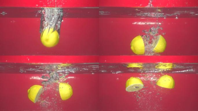 柠檬掉入水中的缓慢场景HD