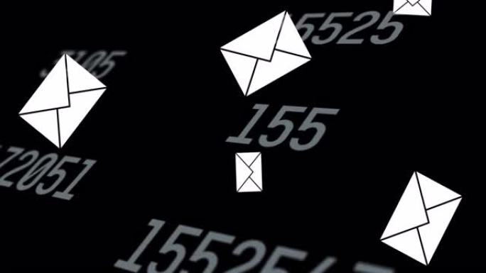 黑色背景上浮动和更改数字的信封电子邮件图标动画