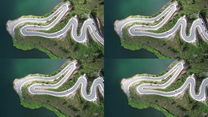 航拍山路和湖