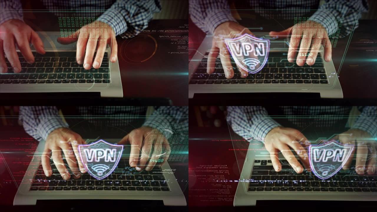 虚拟专用网霓虹灯标志，男子在电脑上打字