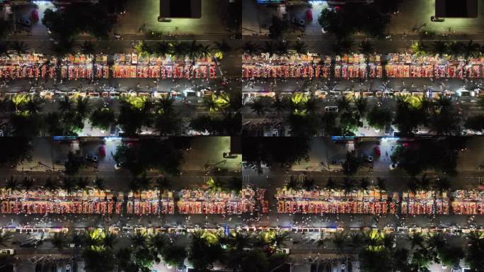海南大学南门小吃一条街夜景航拍