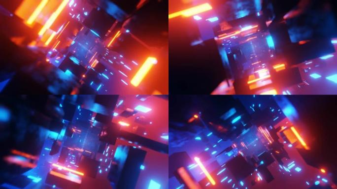 抽象未来隧道激光立方体几何网络空间虫洞赛博朋克背景3D渲染