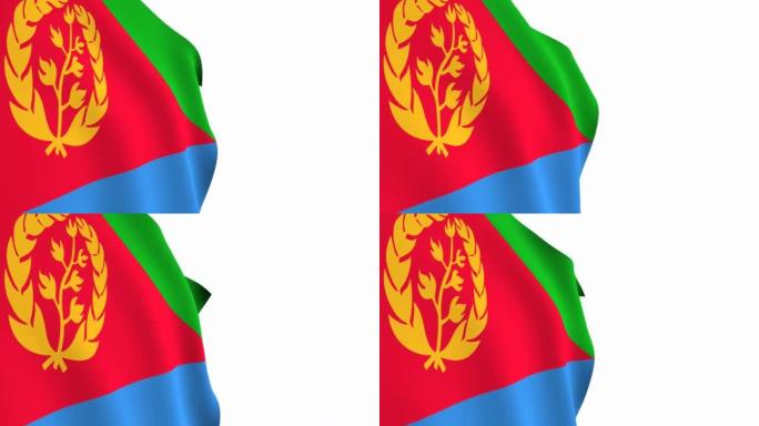 厄立特里亚国旗视频。3d厄立特里亚旗帜慢动作视频。国旗在白色的背景下自由飘扬。全高清分辨率视频。特写