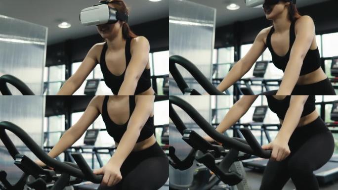 喜欢健身的年轻女子在健身房锻炼时使用虚拟现实进行虚拟跑步