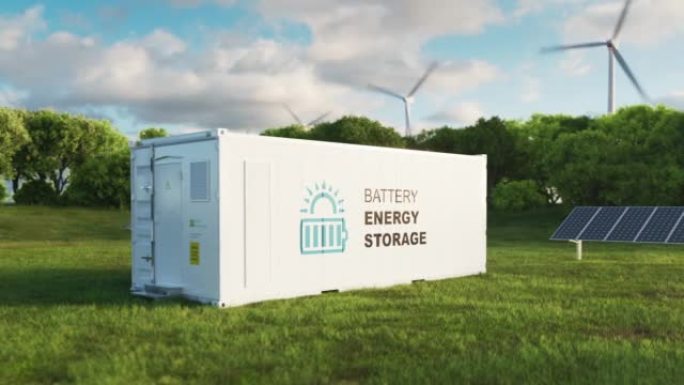 现代高容量电池储能系统的概念，该系统位于郁郁葱葱的草地中间，背景是森林。3d渲染