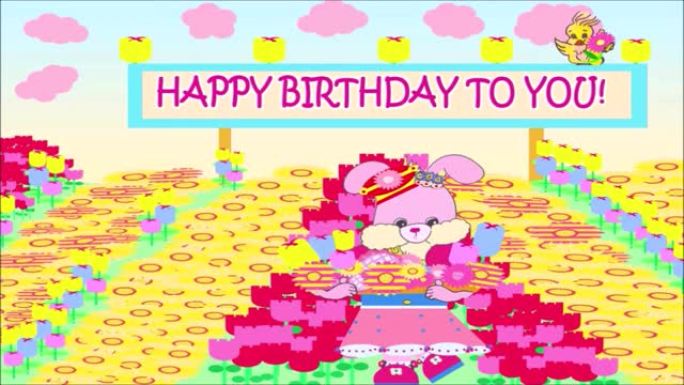 明亮甜美的粉色卡通女孩兔子唱生日歌，拿着五颜六色的雏菊和郁金香在春天的花园动画视频剪辑2022